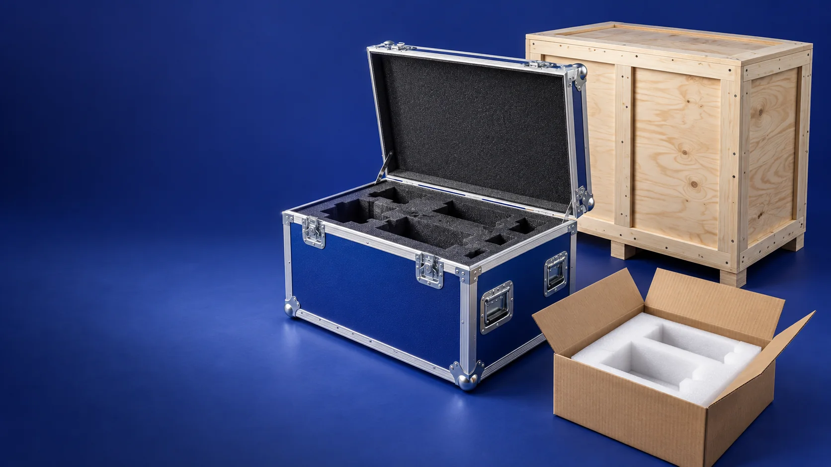 Flight case aperto con protezione sagomata, cassa in legno e scatola in cartone